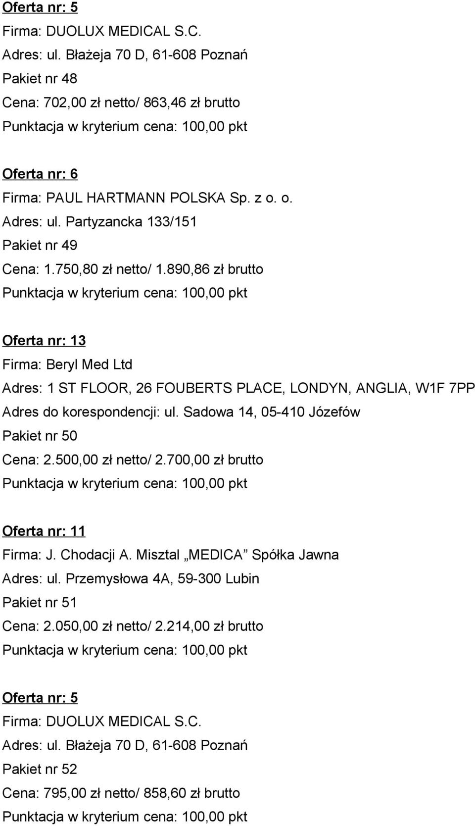 890,86 zł brutto Oferta nr: 13 Firma: Beryl Med Ltd Adres: 1 ST FLOOR, 26 FOUBERTS PLACE, LONDYN, ANGLIA, W1F 7PP Adres do korespondencji: ul. Sadowa 14, 05-410 Józefów Pakiet nr 50 Cena: 2.