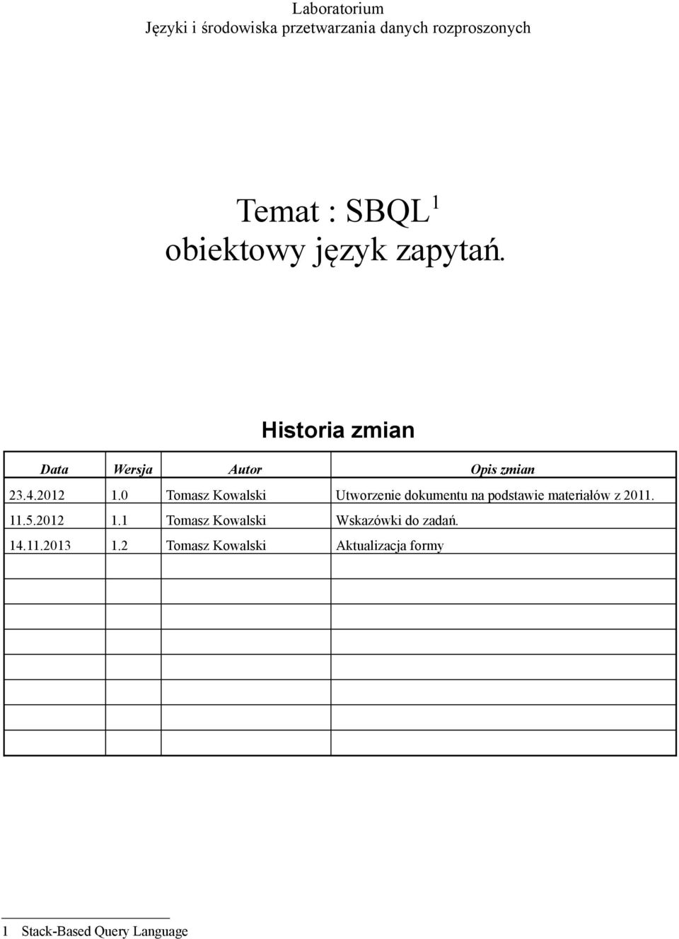 0 Tomasz Kowalski Utworzenie dokumentu na podstawie materiałów z 2011. 11.5.2012 1.