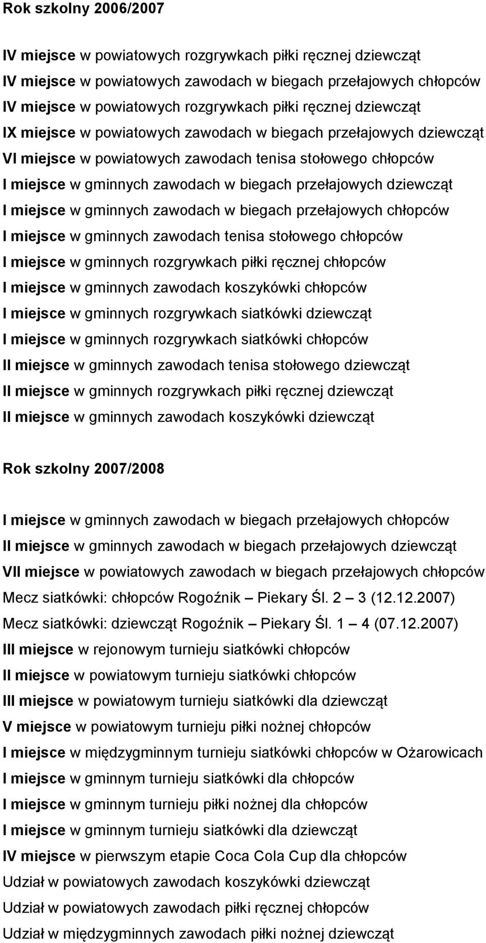 I miejsce w gminnych zawodach w biegach przełajowych chłopców I miejsce w gminnych rozgrywkach piłki ręcznej chłopców I miejsce w gminnych zawodach koszykówki chłopców I miejsce w gminnych