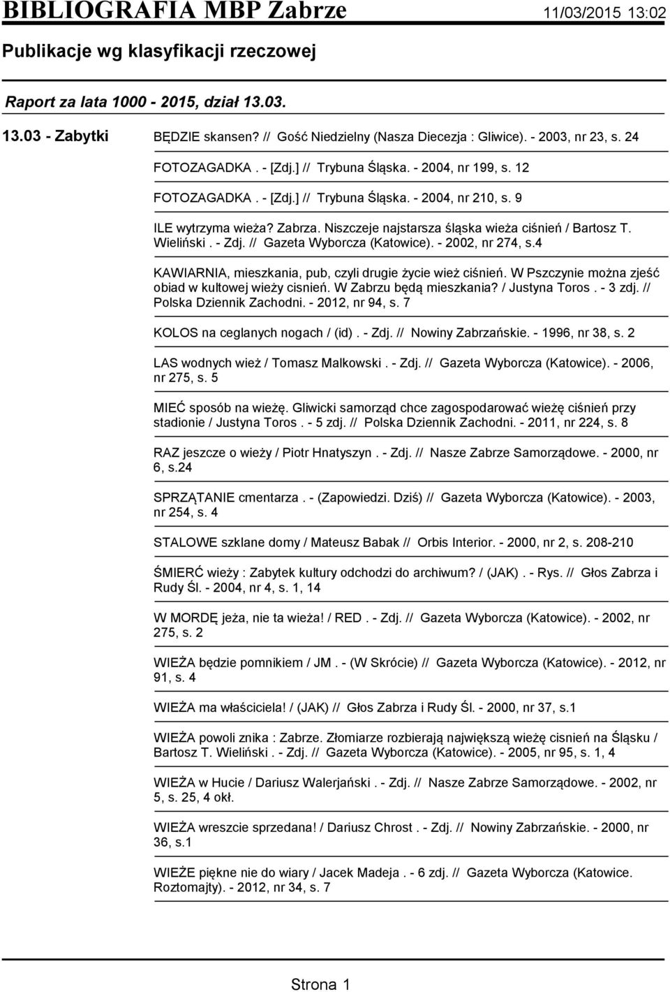 - Zdj. // Gazeta Wyborcza (Katowice). - 2002, nr 274, s.4 KAWIARNIA, mieszkania, pub, czyli drugie życie wież ciśnień. W Pszczynie można zjeść obiad w kultowej wieży cisnień. W Zabrzu będą mieszkania?
