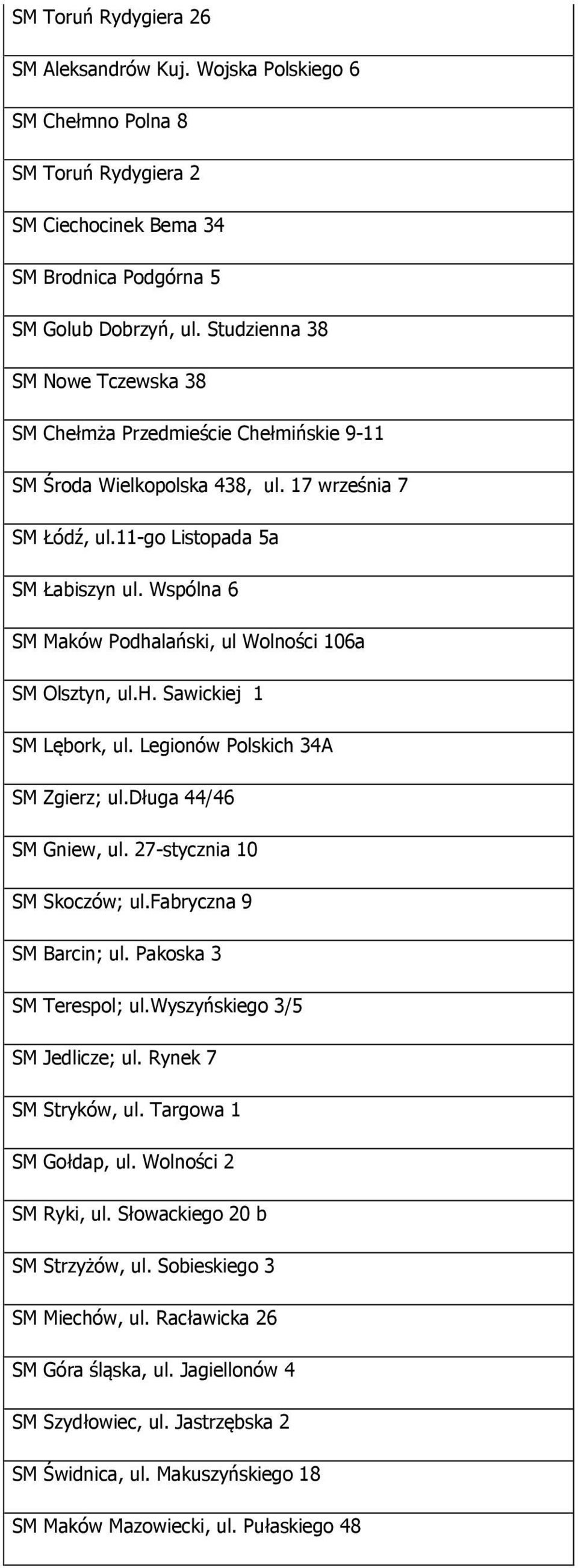 Wspólna 6 SM Maków Podhalański, ul Wolności 106a SM Olsztyn, ul.h. Sawickiej 1 SM Lębork, ul. Legionów Polskich 34A SM Zgierz; ul.długa 44/46 SM Gniew, ul. 27-stycznia 10 SM Skoczów; ul.