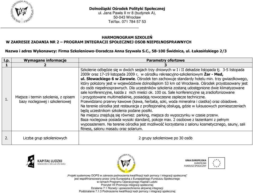 Miejsce i termin szkolenia, z opisem bazy noclegowej i szkoleniowej Szkolenie odbędzie się w dwóch sesjach trzy dniowych w I i II dekadzie listopada tj.