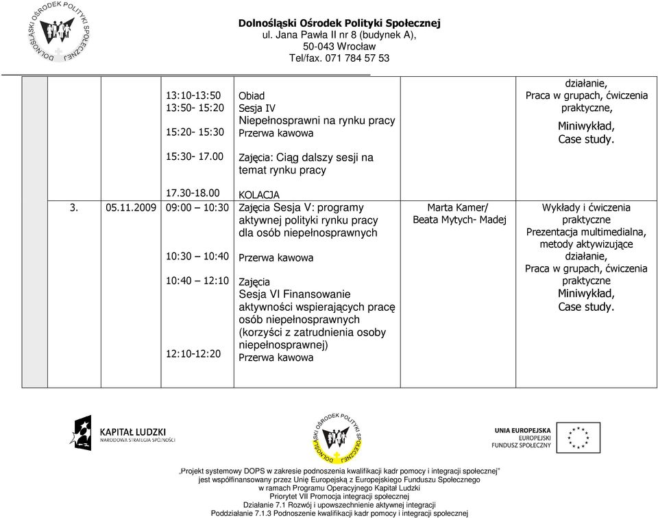 sesji na temat rynku pracy, 17.30-18.00 3. 05.11.