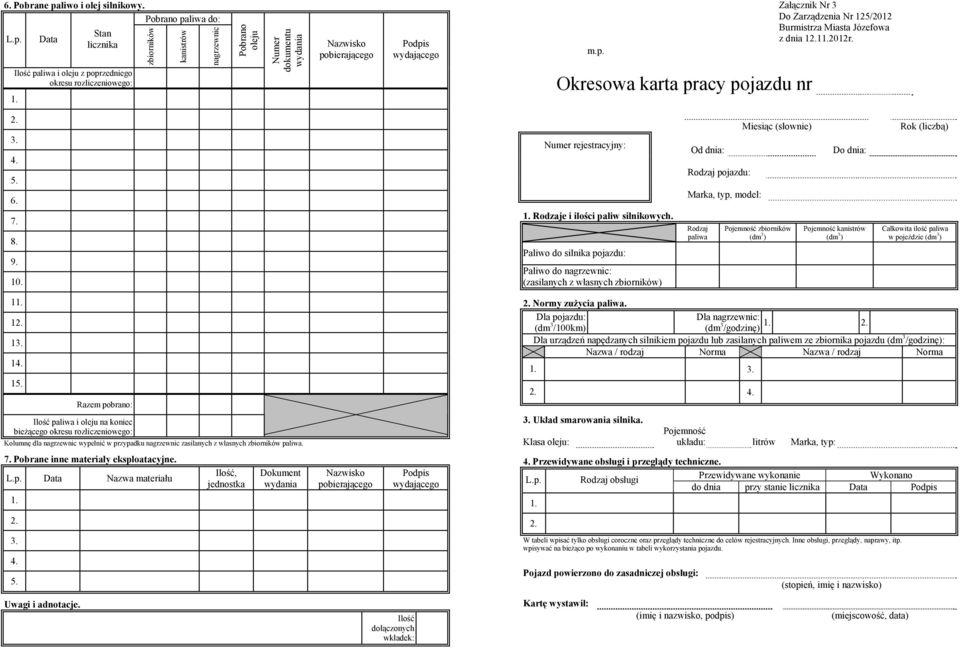 11.2012r. 2. 3. 4. 5. 6. 7. 8. 9. 10. Miesiąc (słownie) Rok (liczbą) Numer rejestracyjny: Od dnia: Do dnia: 1. Rodzaje i ilości paliw silnikowych.