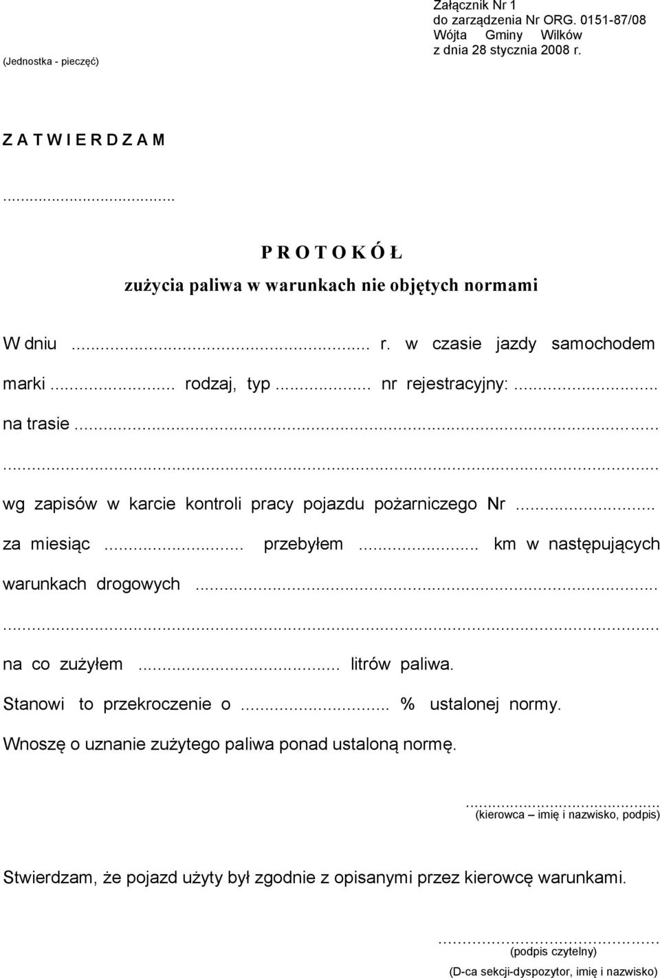 .. km w następujących warunkach drogowych...... na co zużyłem... litrów paliwa. Stanowi to przekroczenie o... % ustalonej normy.