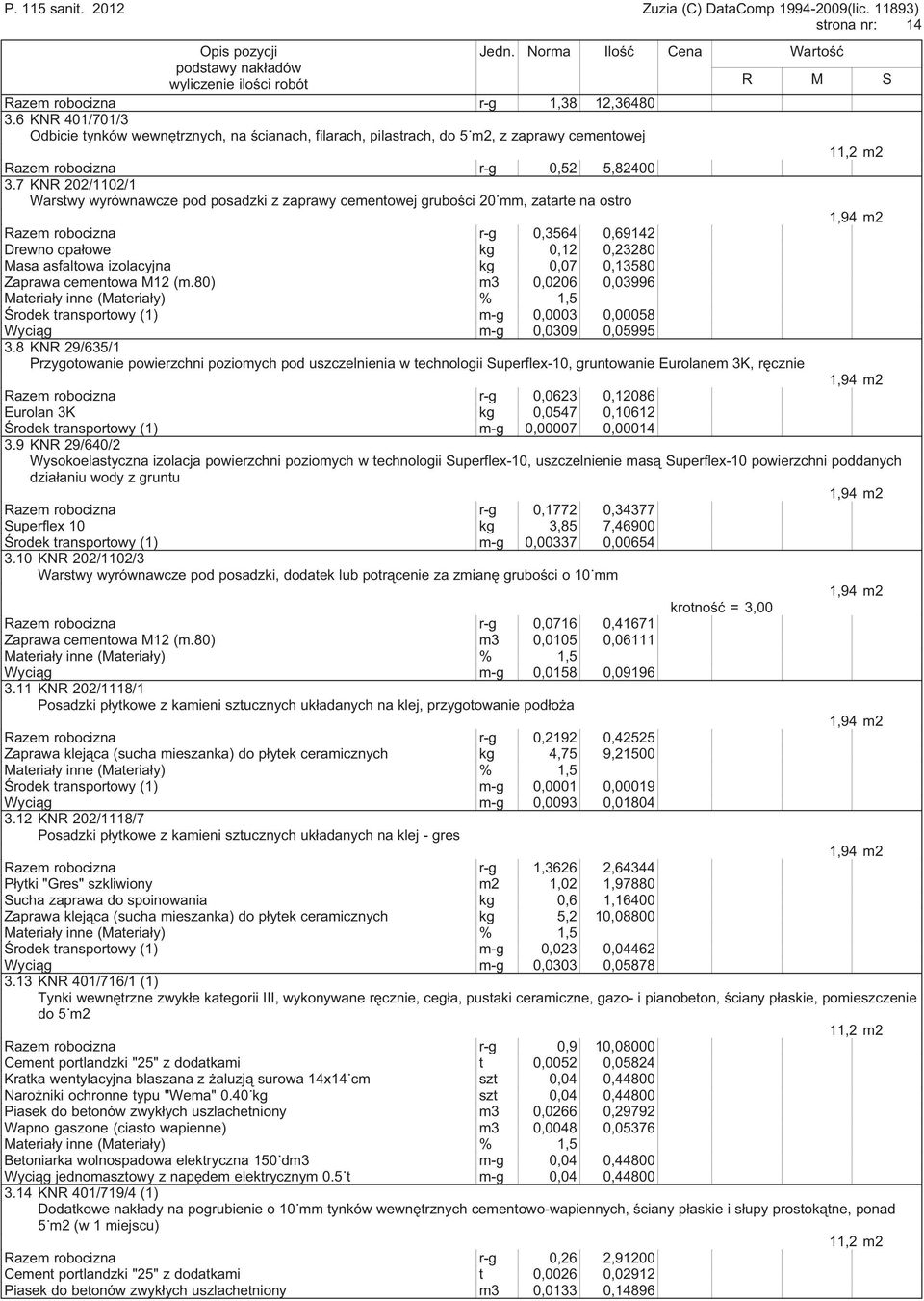 asfaltowa izolacyjna kg 0,07 0,13580 Zaprawa cementowa M12 (m.80) m3 0,0206 0,03996 Środek transportowy (1) m-g 0,0003 0,00058 Wyciąg m-g 0,0309 0,05995 3.