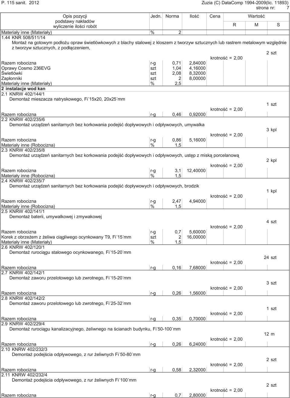 robocizna r-g 0,71 2,84000 Oprawy Cosmo 236EVG szt 1,04 4,16000 Świetlówki szt 2,08 8,32000 Zapłonniki szt 2 8,00000,5 2 instalacje wod kan 2.