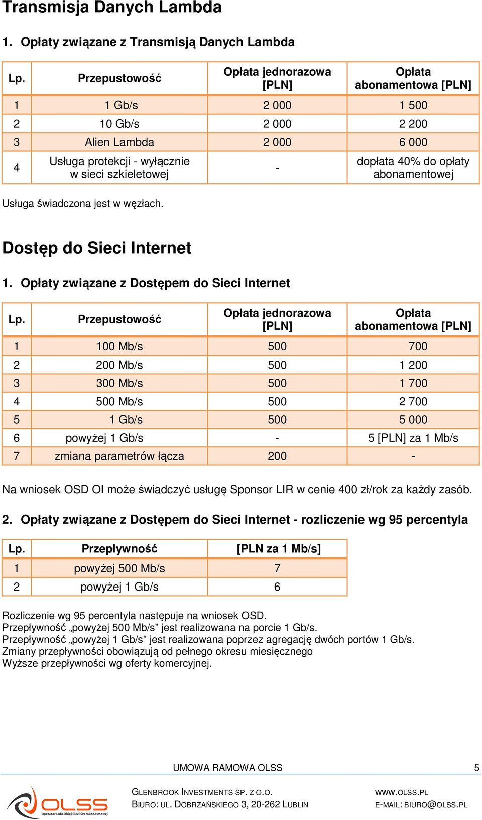 szkieletowej Usługa świadczona jest w węzłach. - dopłata 40% do opłaty abonamentowej Dostęp do Sieci Internet 1.