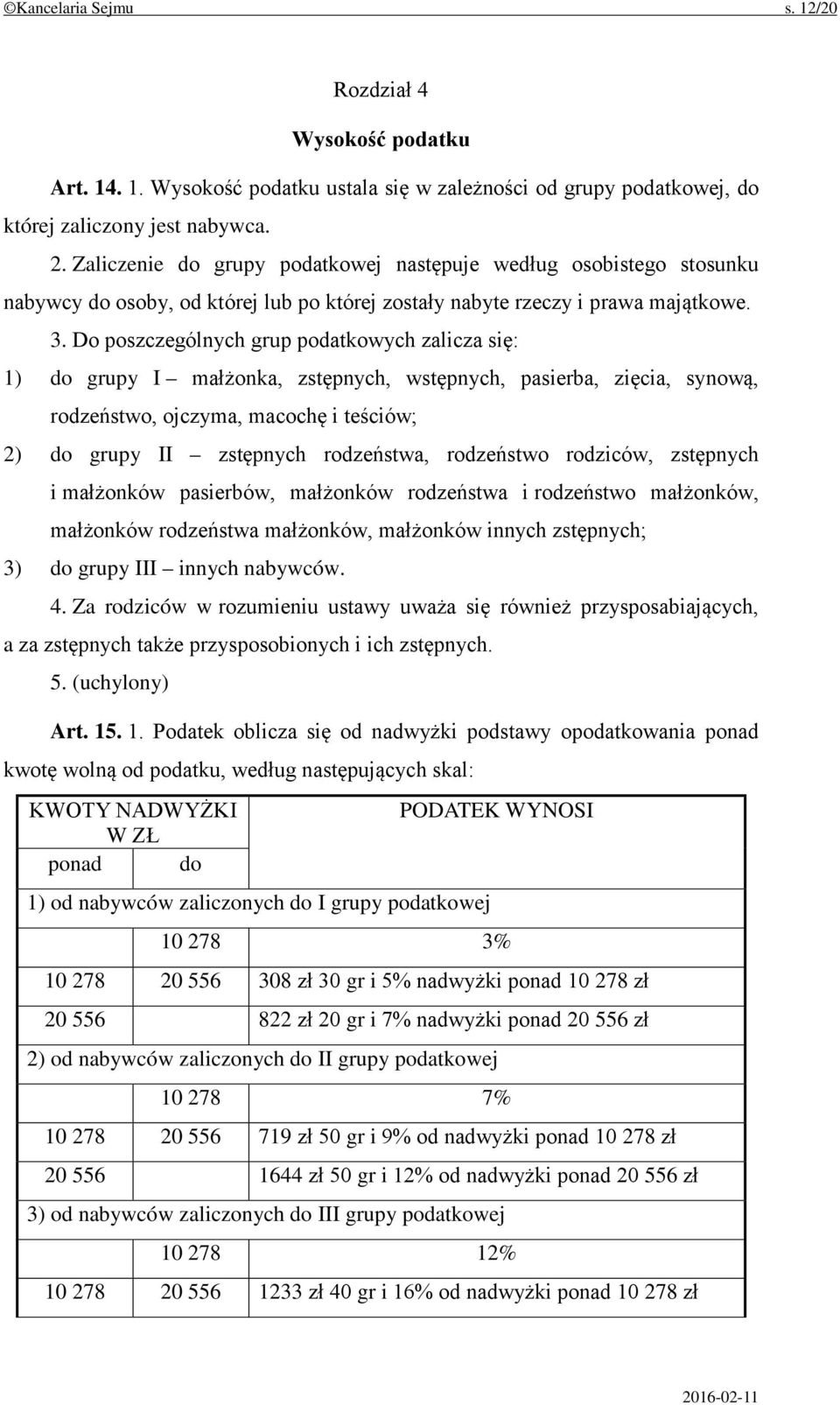 Do poszczególnych grup podatkowych zalicza się: 1) do grupy I małżonka, zstępnych, wstępnych, pasierba, zięcia, synową, rodzeństwo, ojczyma, macochę i teściów; 2) do grupy II zstępnych rodzeństwa,