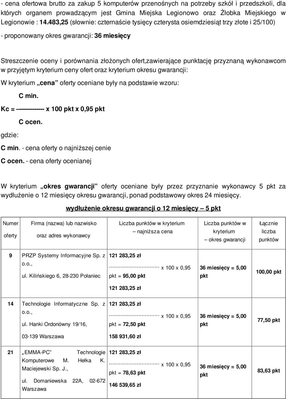 przyznaną wykonawcom w przyjętym kryterium ceny ofert oraz kryterium okresu gwarancji: W kryterium cena oferty oceniane były na podstawie wzoru: C min. Kc = ------------ x 100 x 0,95 gdzie: C ocen.