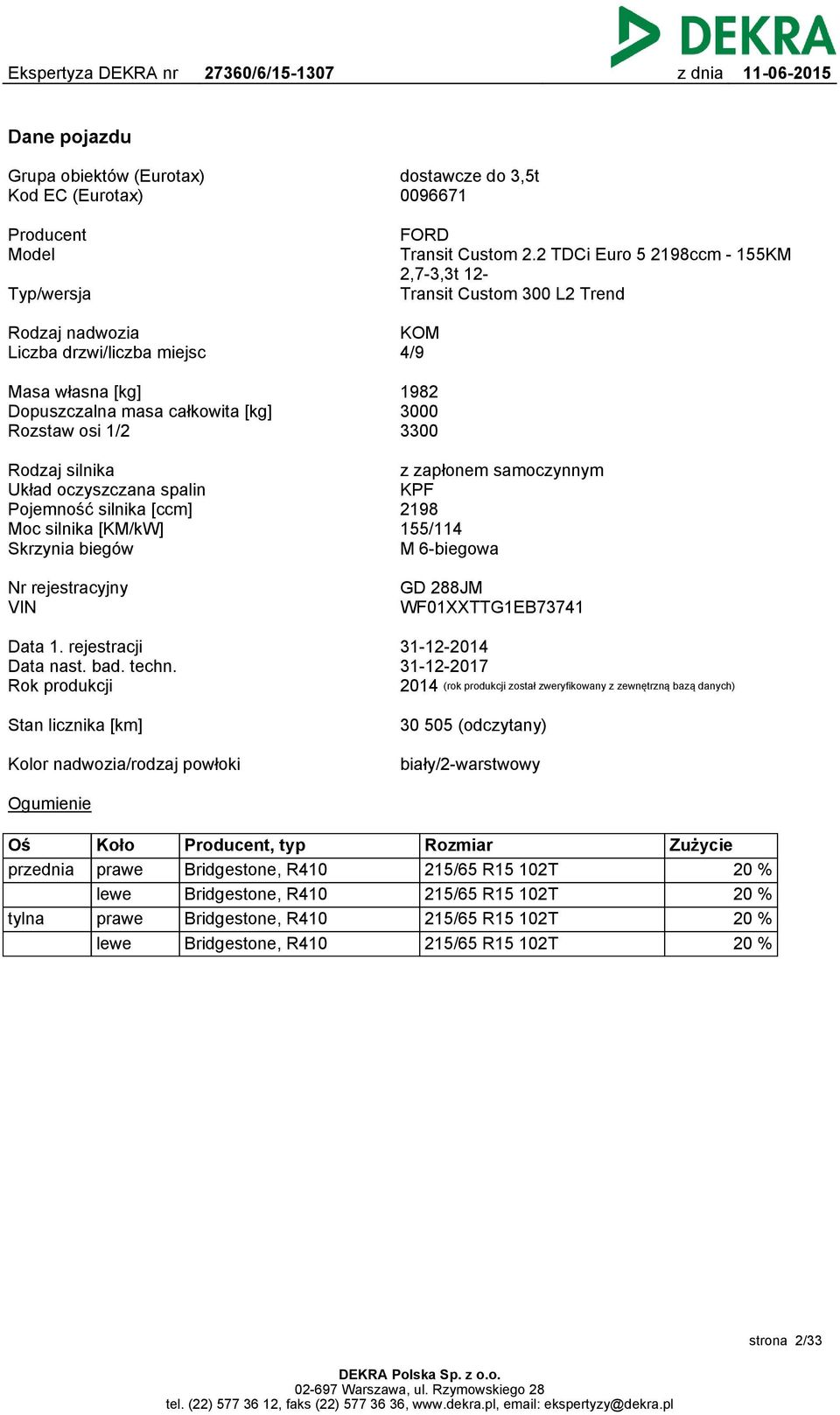 3300 Rodzaj silnika Układ oczyszczana spalin Pojemność silnika [ccm] Moc silnika [KM/kW] Skrzynia biegów z zapłonem samoczynnym KPF 2198 155/114 M 6-biegowa Nr rejestracyjny VIN GD 288JM