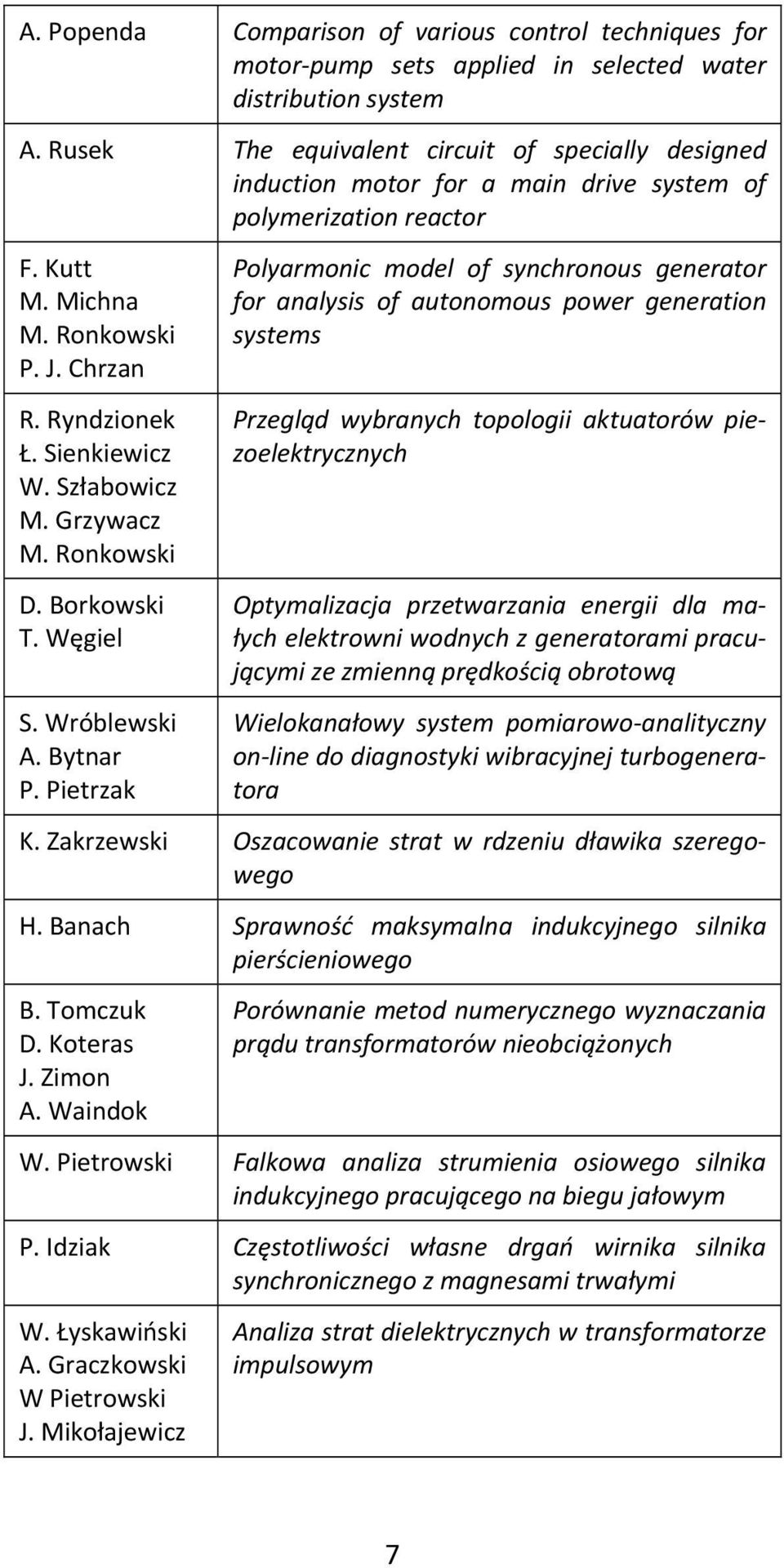 Szłabowicz M. Grzywacz M. Ronkowski Polyarmonic model of synchronous generator for analysis of autonomous power generation systems Przegląd wybranych topologii aktuatorów piezoelektrycznych D.