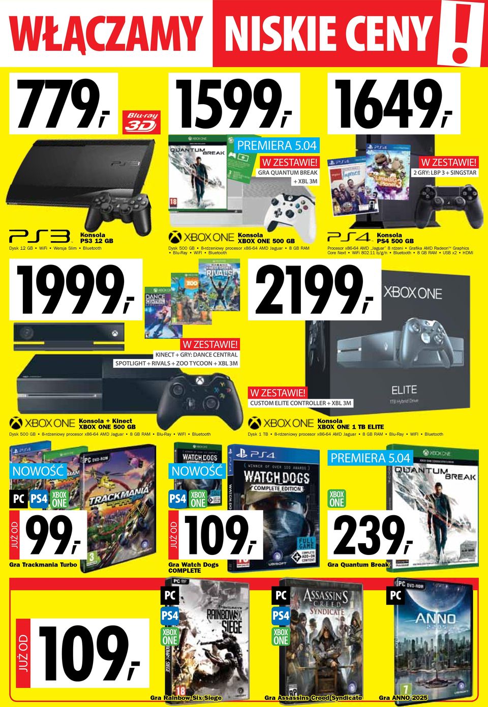 x86-64 AMD Jaguar 8 GB Blu-Ray WIFI Bluetooth 2199, Konsola PS4 500 GB Procesor x86-64 AMD Jaguar 8 rdzeni Grafika AMD Radeon TM Graphics Core Next WiFi 802.