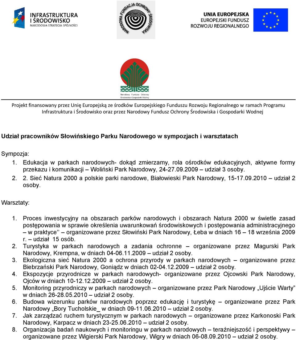 -27.09.2009 udział 3 osoby. 2. 2. Sieć Natura 2000 a polskie parki narodowe, Białowieski Park Narodowy, 5-7.09.200 udział 2 osoby. Warsztaty:.