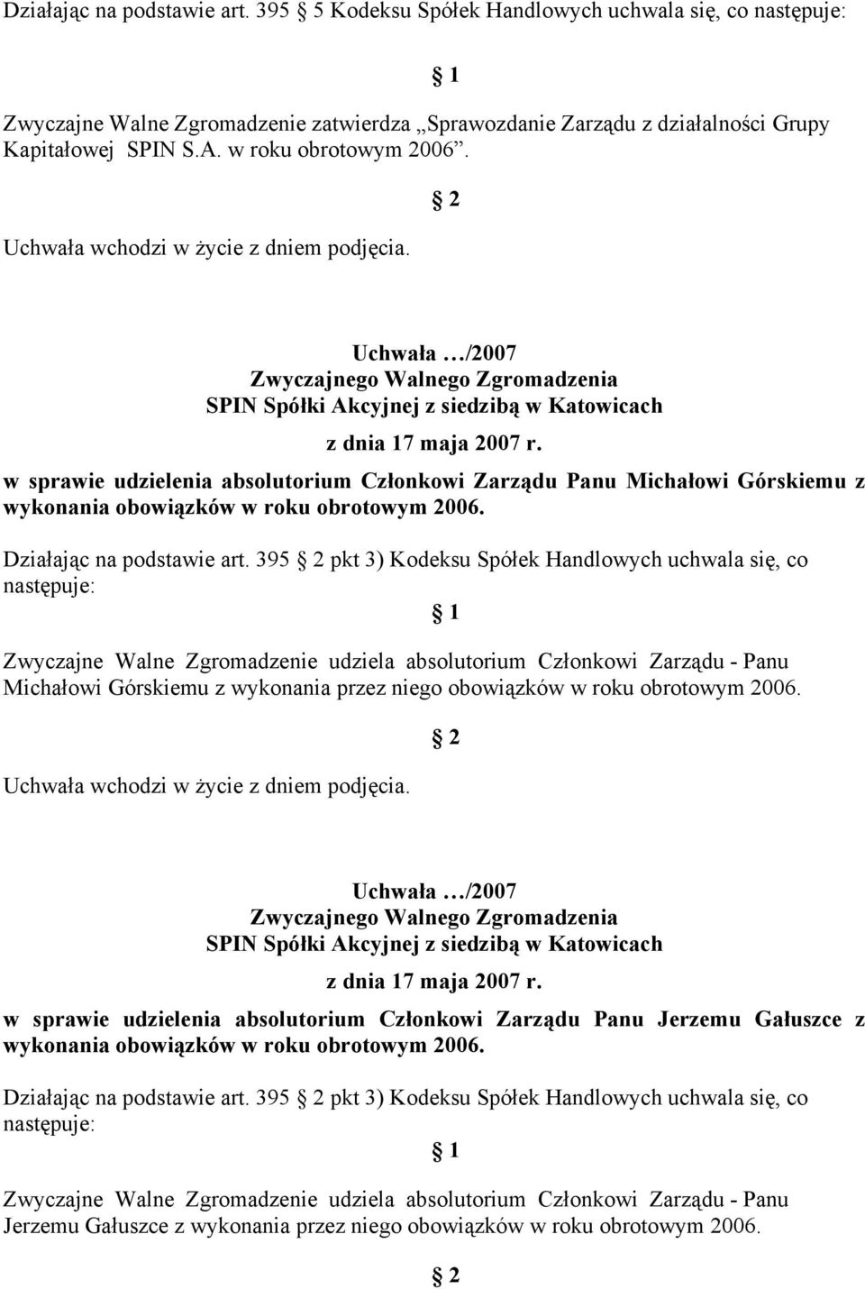 395 pkt 3) Kodeksu Spółek Handlowych uchwala się, co Zwyczajne Walne Zgromadzenie udziela absolutorium Członkowi Zarządu - Panu Michałowi Górskiemu z wykonania przez niego obowiązków w roku obrotowym
