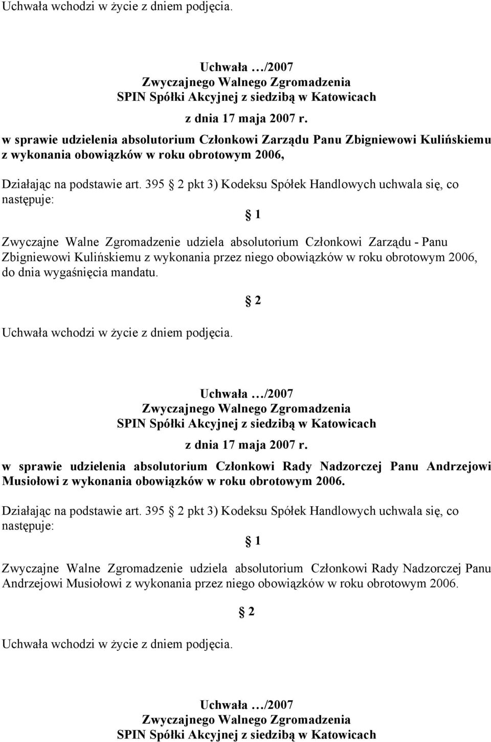 roku obrotowym 2006, do dnia wygaśnięcia mandatu. w sprawie udzielenia absolutorium Członkowi Rady Nadzorczej Panu Andrzejowi Musiołowi z wykonania obowiązków w roku obrotowym 2006.