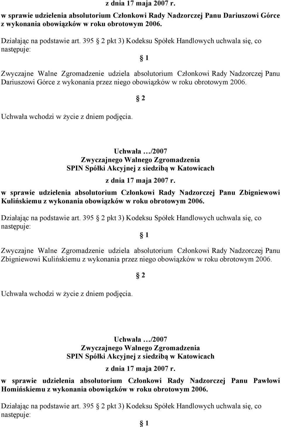 obrotowym 2006. w sprawie udzielenia absolutorium Członkowi Rady Nadzorczej Panu Zbigniewowi Kulińskiemu z wykonania obowiązków w roku obrotowym 2006. Działając na podstawie art.