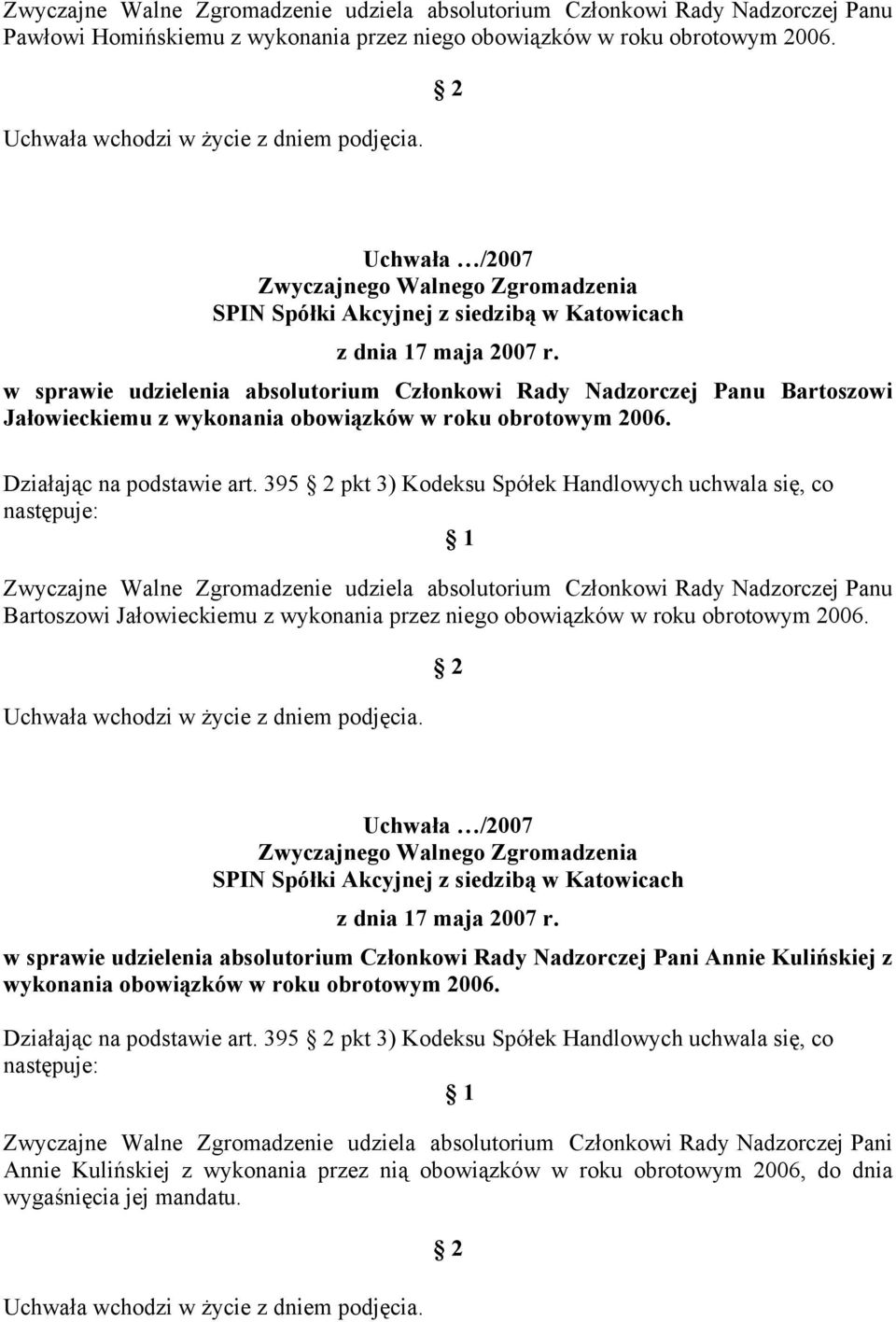 395 pkt 3) Kodeksu Spółek Handlowych uchwala się, co Zwyczajne Walne Zgromadzenie udziela absolutorium Członkowi Rady Nadzorczej Panu Bartoszowi Jałowieckiemu z wykonania przez niego obowiązków w