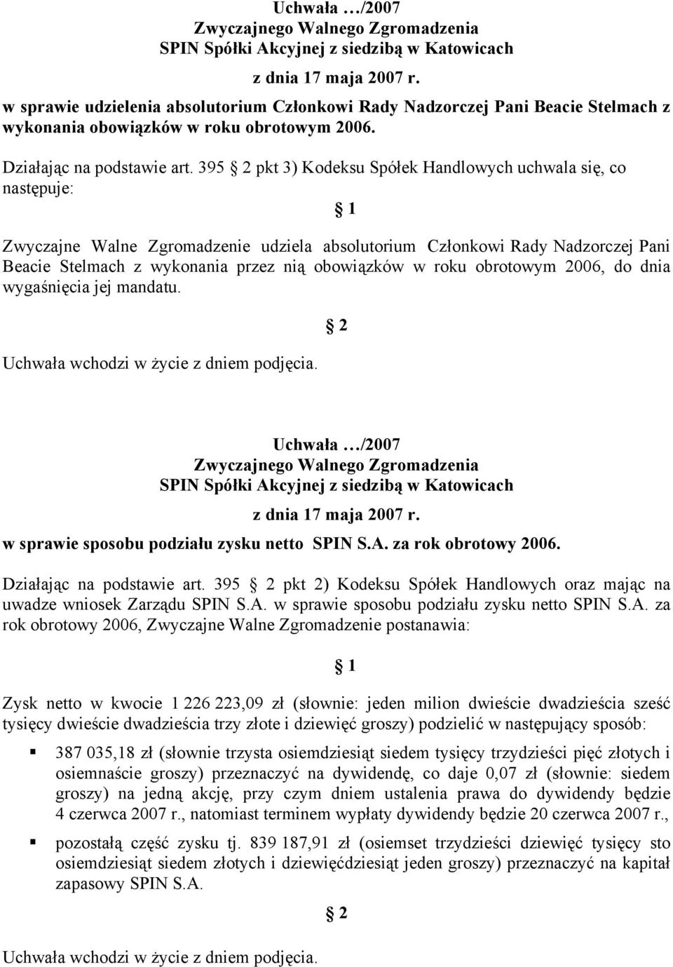 2006, do dnia wygaśnięcia jej mandatu. w sprawie sposobu podziału zysku netto SPIN S.A. za rok obrotowy 2006. Działając na podstawie art.