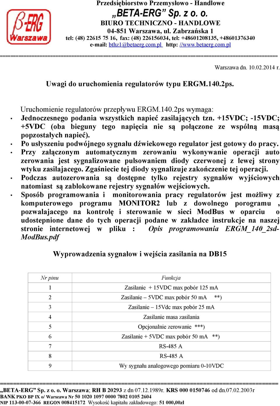 pl http: //www.betaerg.com.pl ========================================================================================================= Uwagi do uruchomienia regulatorów typu ERGM.140.2ps.