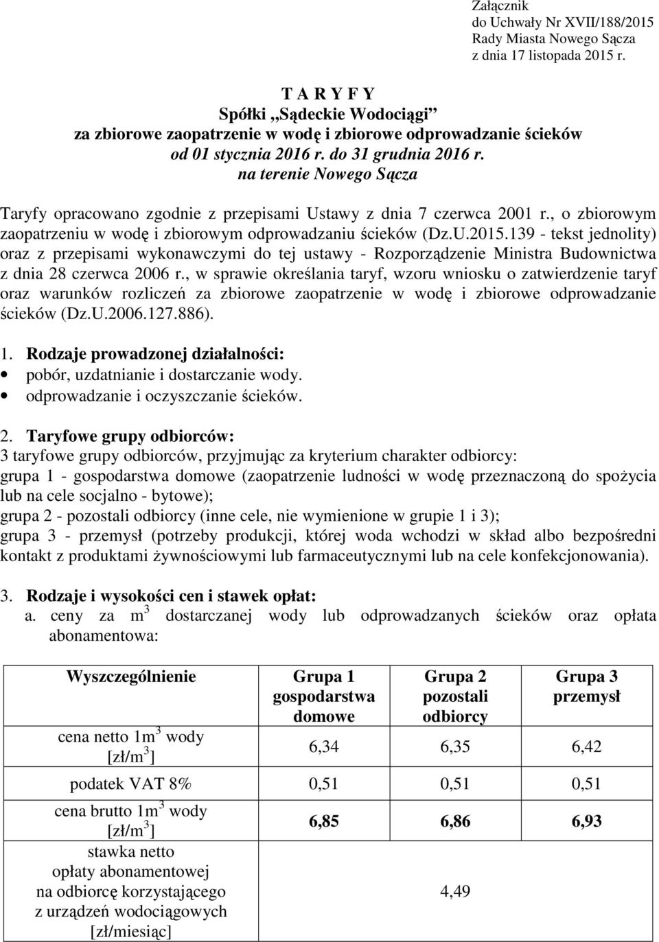 na terenie Nowego Sącza Taryfy opracowano zgodnie z przepisami Ustawy z dnia 7 czerwca 2001 r., o zbiorowym zaopatrzeniu w wodę i zbiorowym odprowadzaniu ścieków (Dz.U.2015.