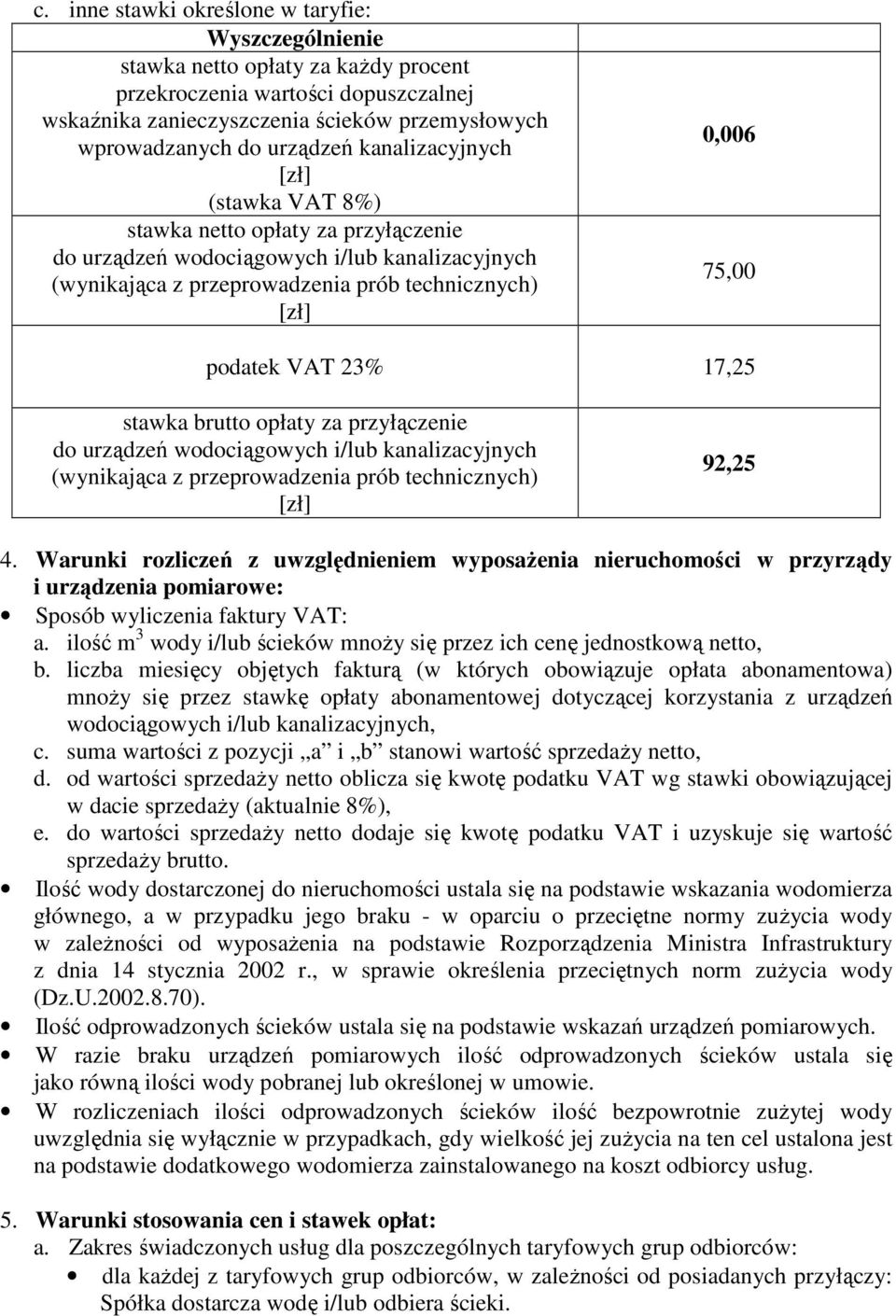 23% 17,25 stawka brutto opłaty za przyłączenie do urządzeń wodociągowych i/lub kanalizacyjnych (wynikająca z przeprowadzenia prób technicznych) 92,25 4.