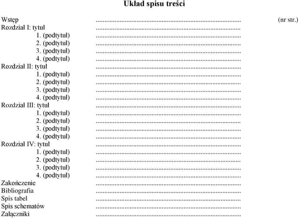 .. 1. (podtytuł)... 2. (podtytuł)... 3. (podtytuł)... 4. (podtytuł)... Rozdział IV: tytuł... 1. (podtytuł)... 2. (podtytuł)... 3. (podtytuł)... 4. (podtytuł)... Zakończenie.