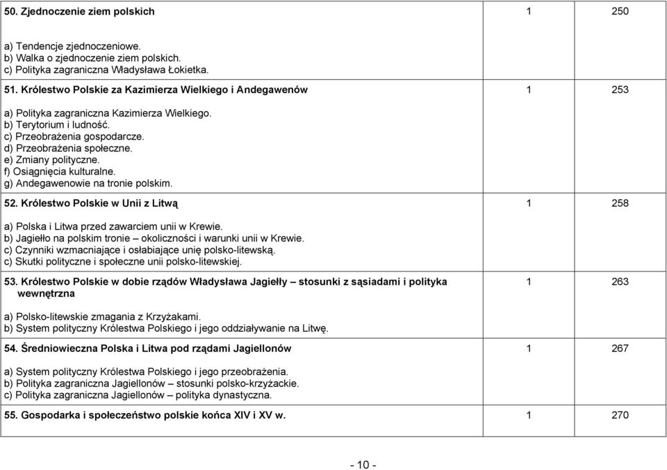 e) Zmiany polityczne. f) Osiągnięcia kulturalne. g) Andegawenowie na tronie polskim. 52. Królestwo Polskie w Unii z Litwą 1 258 a) Polska i Litwa przed zawarciem unii w Krewie.