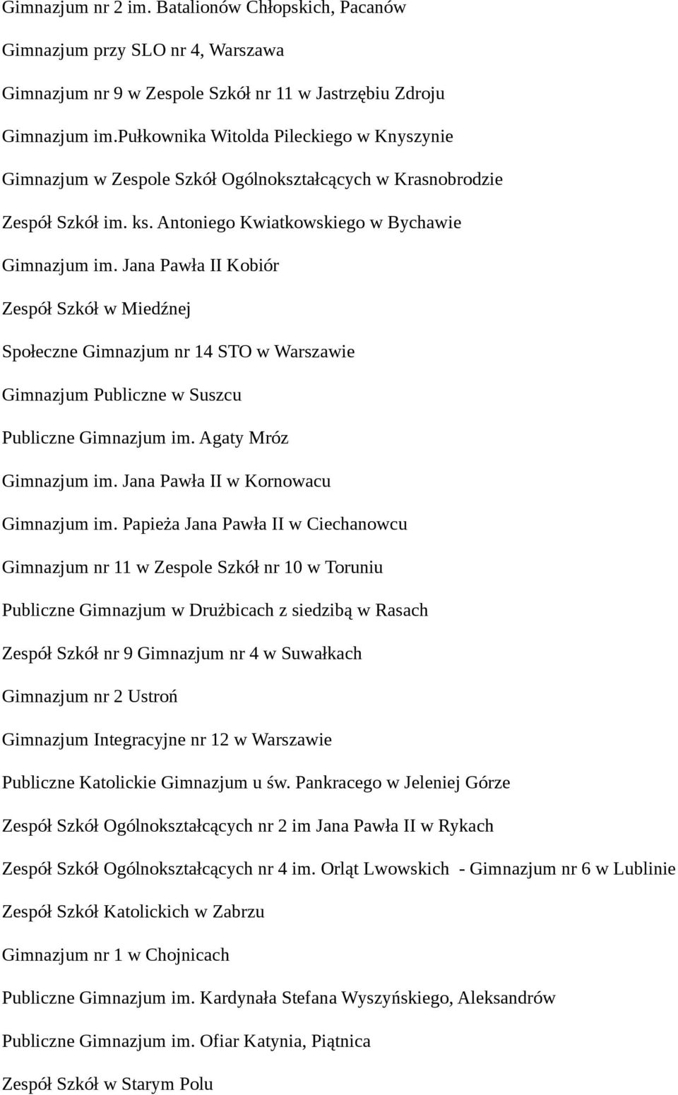 Jana Pawła II Kobiór Zespół Szkół w Miedźnej Społeczne Gimnazjum nr 14 STO w Warszawie Gimnazjum Publiczne w Suszcu Publiczne Gimnazjum im. Agaty Mróz Gimnazjum im.