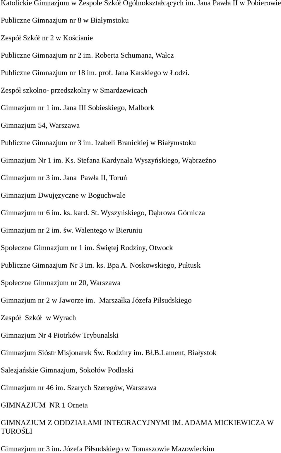 Jana III Sobieskiego, Malbork Gimnazjum 54, Warszawa Publiczne Gimnazjum nr 3 im. Izabeli Branickiej w Białymstoku Gimnazjum Nr 1 im. Ks. Stefana Kardynała Wyszyńskiego, Wąbrzeźno Gimnazjum nr 3 im.