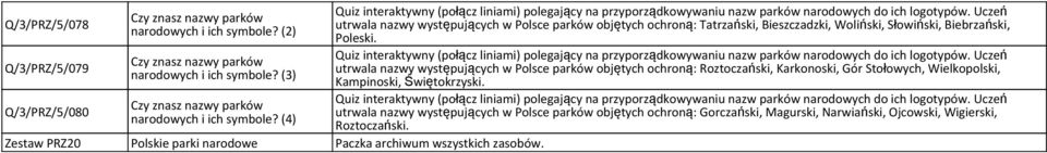 utrwala nazwy występujących w Polsce parków objętych ochroną: Tatrzański, Bieszczadzki, Woliński, Słowiński, Biebrzański, Poleski.