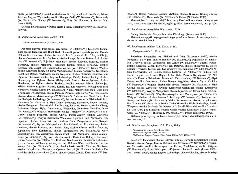Phthiracarus compressum [sic!] JACOT, 1930. Pobrzeże Bałtyku: Pogorzelica, rez. Jamno (W. NIEDBAŁA *); Pojezierze Pomorskie: okolice Radęcina, rez. Diabli Skok, okolice Sepólna KrajelIskiego, rez.