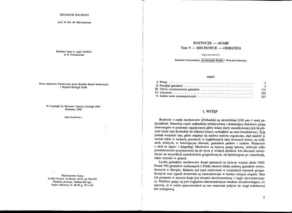 Biologii UAM I. Wstęp. ll. Przegląd gatunków........ ID. Tabela rozmieszczenia gatunków IV. Literatura. ~ Indeks nazw systematycmych.
