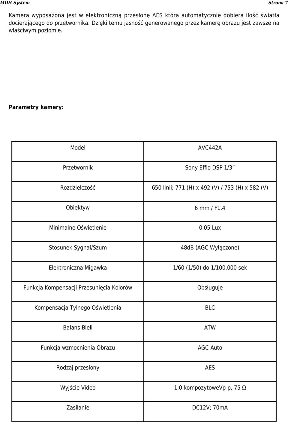 Parametry kamery: Model AVC442A Przetwornik Sony Effio DSP 1/3 Rozdzielczość 650 linii; 771 (H) x 492 (V) / 753 (H) x 582 (V) Obiektyw 6 mm / F1,4 Minimalne Oświetlenie 0,05 Lux