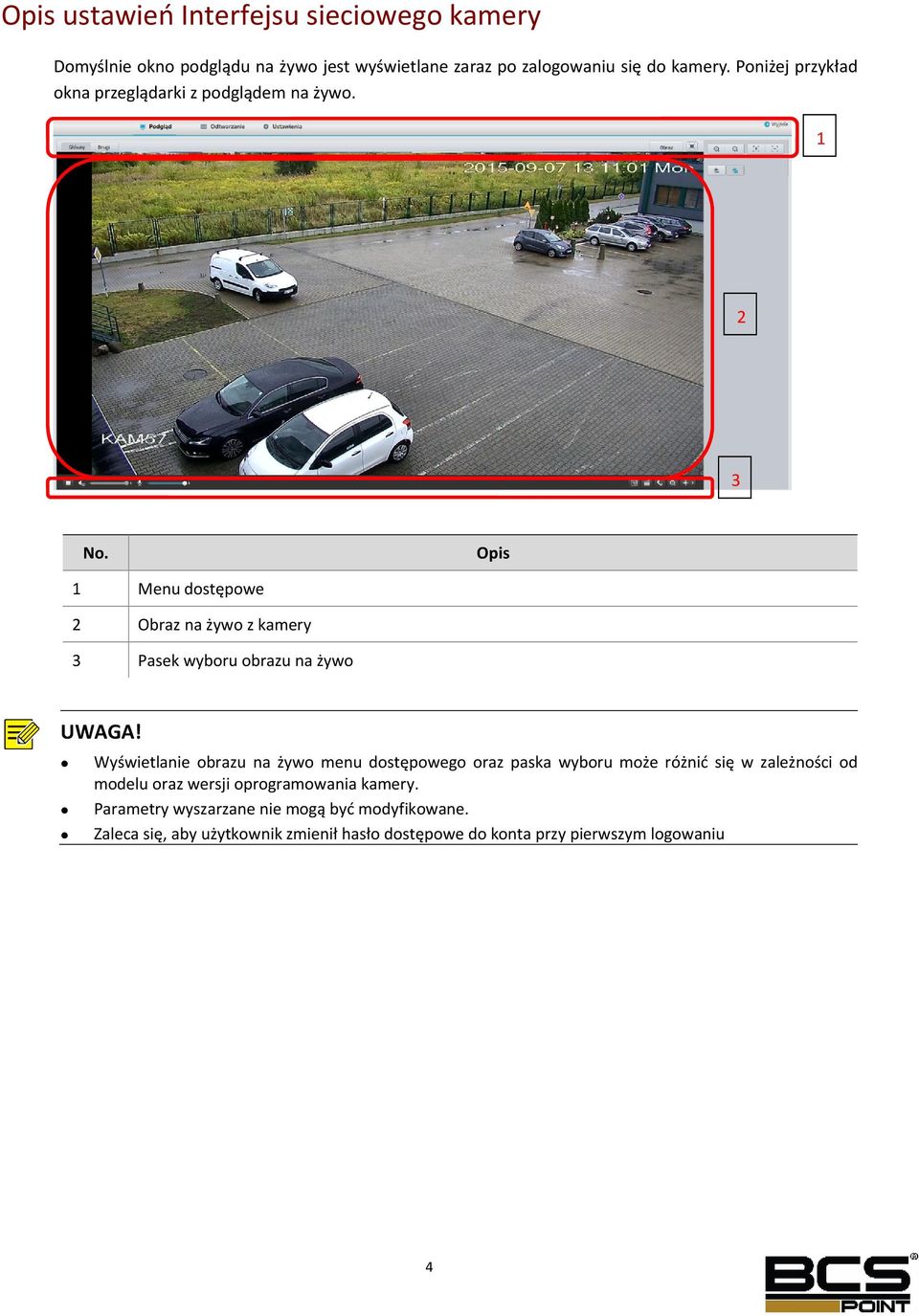 Opis 1 Menu dostępowe 2 Obraz na żywo z kamery 3 Pasek wyboru obrazu na żywo UWAGA!