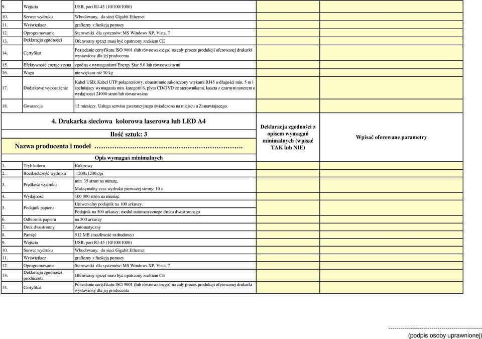 Certyfikat Posiadanie certyfikatu ISO 9001 (lub równoważnego) na cały proces produkcji oferowanej drukarki wystawiony dla jej 15. Efektywność energetyczna zgodna z wymaganiami Energy Star 5.