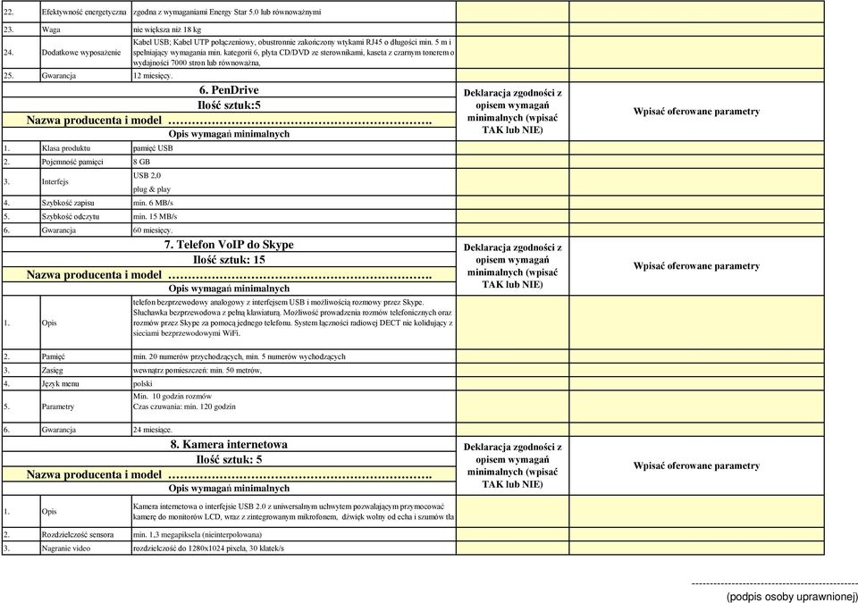 kategorii 6, płyta CD/DVD ze sterownikami, kaseta z czarnym tonerem o wydajności 7000 stron lub równoważna, 25. Gwarancja 12 miesięcy. 6. PenDrive Ilość sztuk:5 Nazwa i model. 1. Klasa produktu pamięć USB 2.