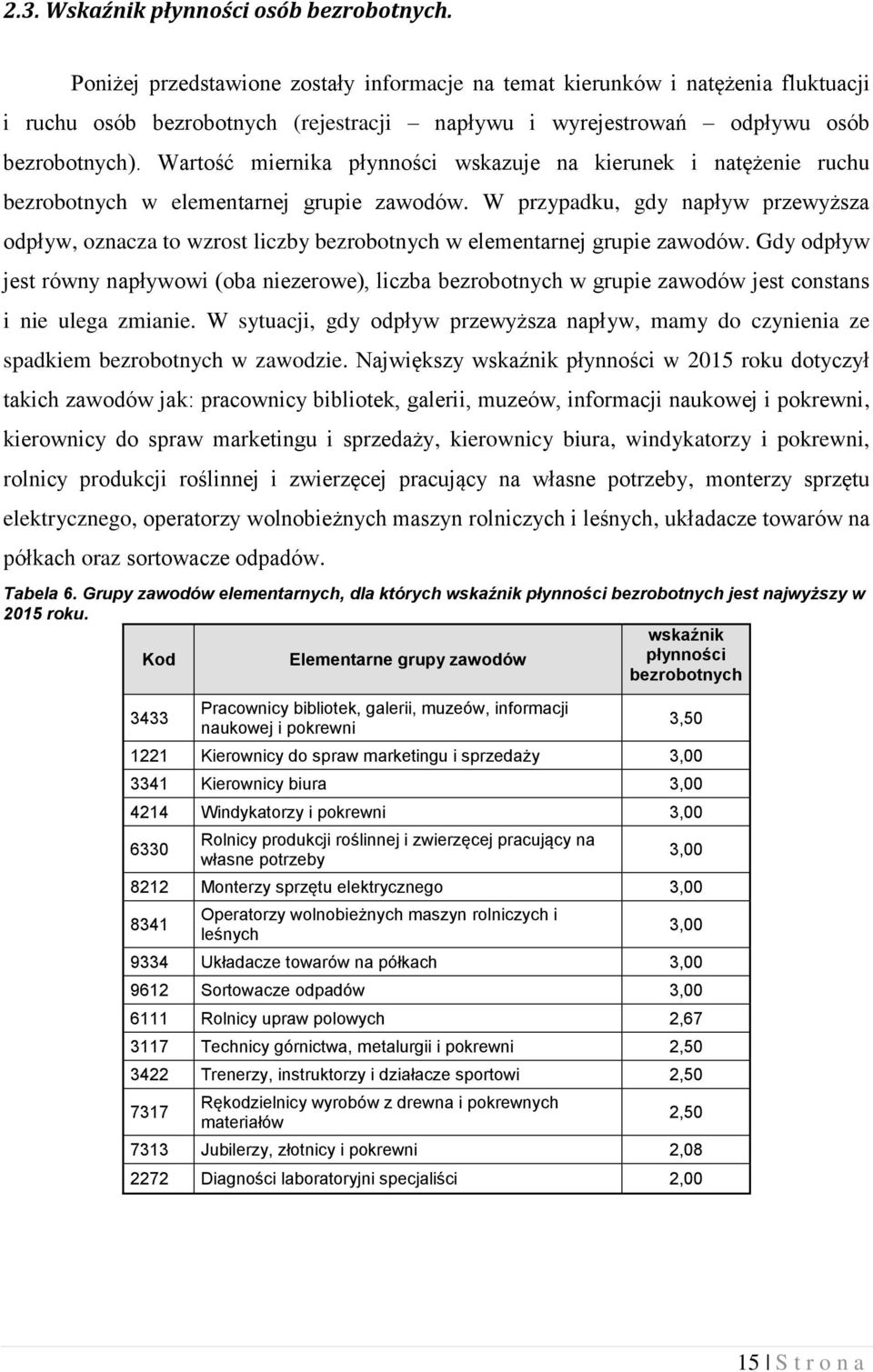 Wartość miernika płynności wskazuje na kierunek i natężenie ruchu bezrobotnych w elementarnej grupie zawodów.