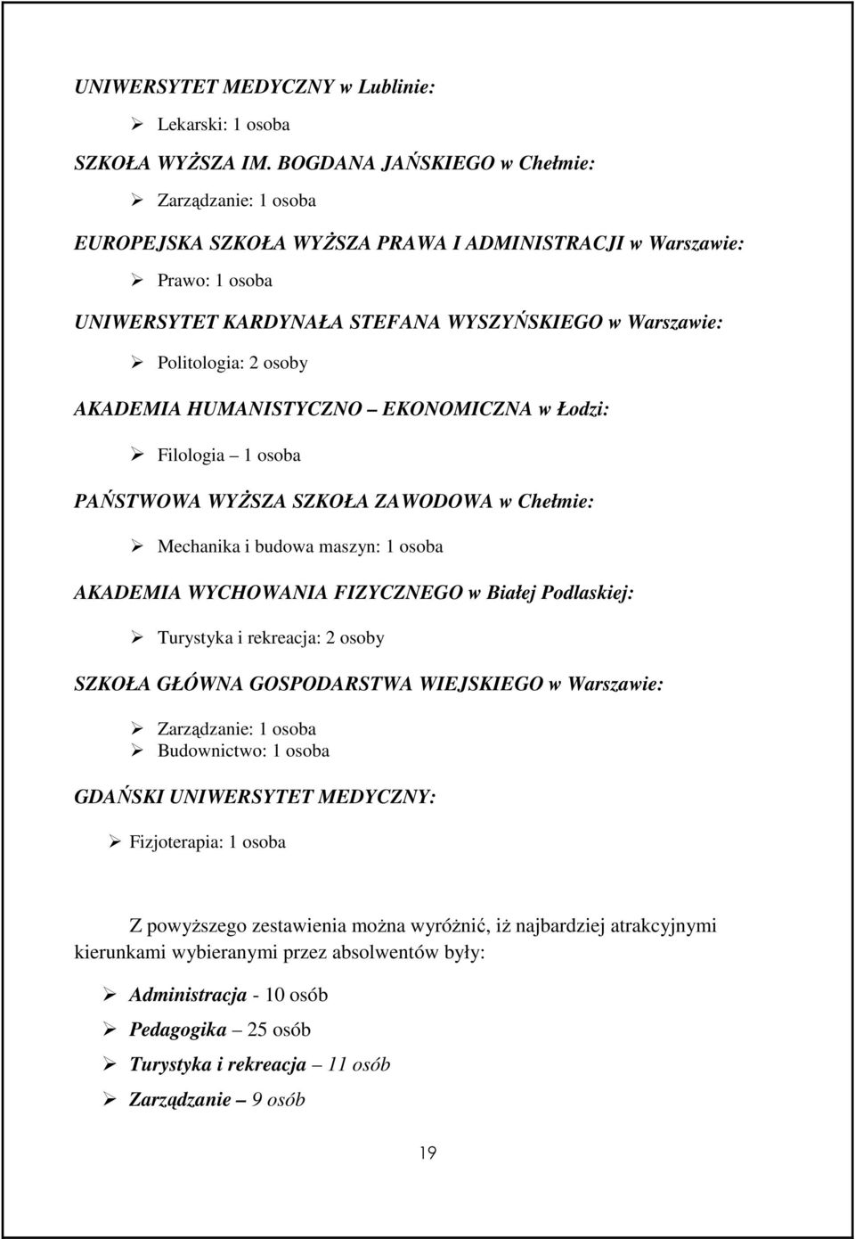 osoby AKADEMIA HUMANISTYCZNO EKONOMICZNA w Łodzi: Filologia 1 osoba PAŃSTWOWA WYśSZA SZKOŁA ZAWODOWA w Chełmie: Mechanika i budowa maszyn: 1 osoba AKADEMIA WYCHOWANIA FIZYCZNEGO w Białej Podlaskiej: