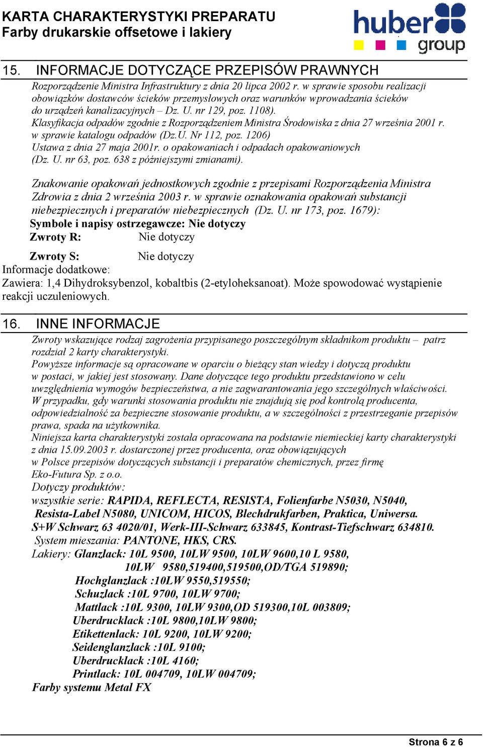 Klasyfikacja odpadów zgodnie z Rozporządzeniem Ministra Środowiska z dnia 27 września 2001 r. w sprawie katalogu odpadów (Dz.U. Nr 112, poz. 1206) Ustawa z dnia 27 maja 2001r.