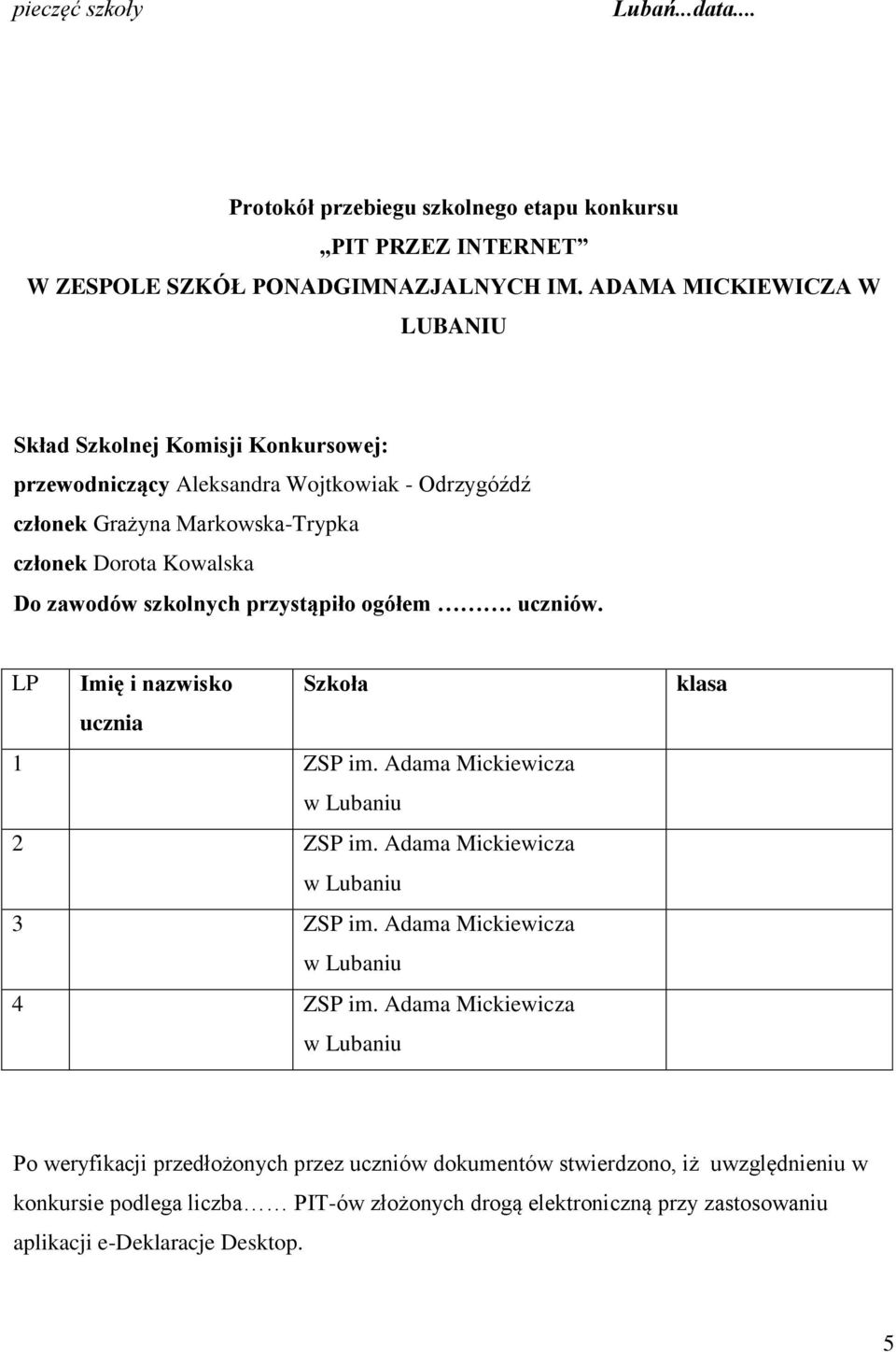 zawodów szkolnych przystąpiło ogółem. uczniów. LP Imię i nazwisko ucznia Szkoła 1 ZSP im. Adama Mickiewicza 2 ZSP im. Adama Mickiewicza 3 ZSP im. Adama Mickiewicza 4 ZSP im.