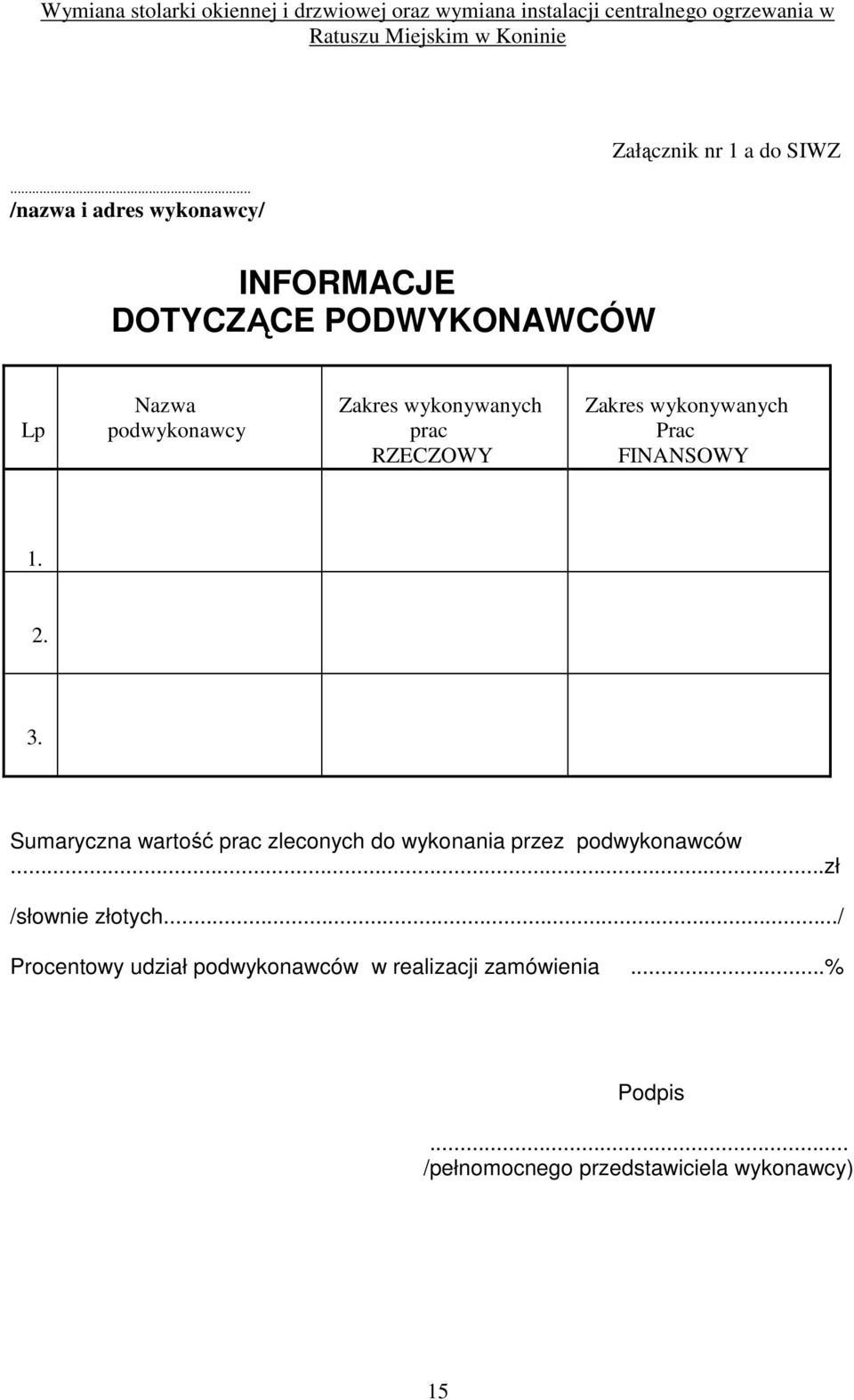 Sumaryczna wartość prac zleconych do wykonania przez podwykonawców...zł /słownie złotych.