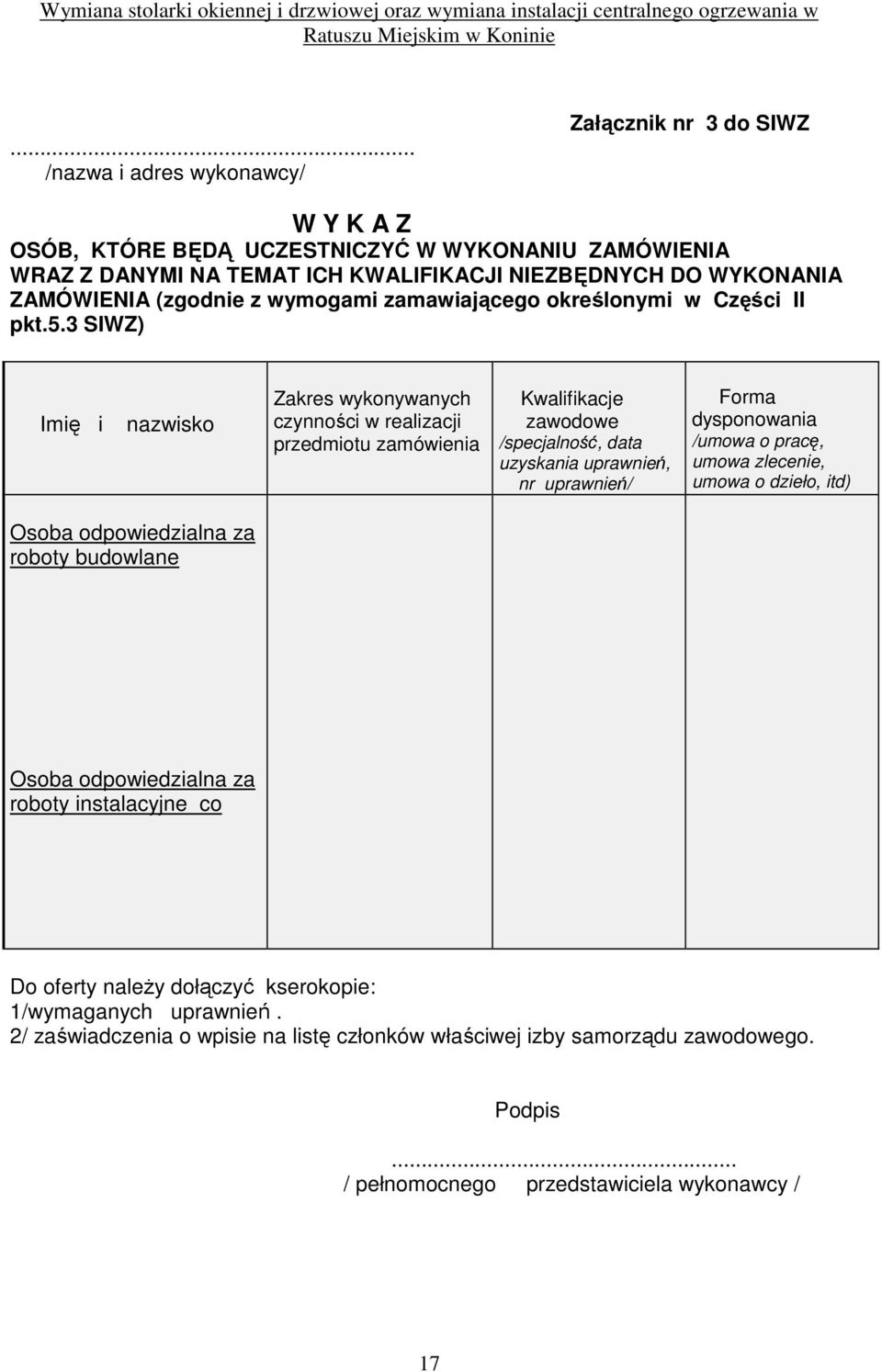 3 SIWZ) Imię i nazwisko Zakres wykonywanych czynności w realizacji przedmiotu zamówienia Kwalifikacje zawodowe /specjalność, data uzyskania uprawnień, nr uprawnień/ Forma dysponowania /umowa o
