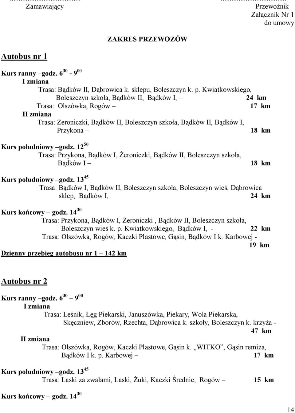południowy godz. 12 50 Trasa: Przykona, Bądków I, Żeroniczki, Bądków II, Boleszczyn szkoła, Bądków I 18 km Kurs południowy godz.
