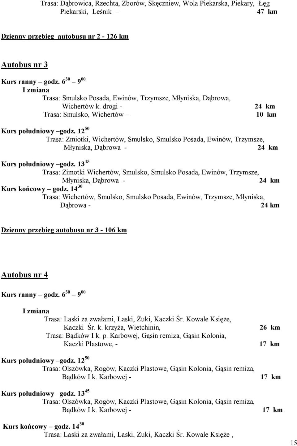 12 50 Trasa: Zmiotki, Wichertów, Smulsko, Smulsko Posada, Ewinów, Trzymsze, Młyniska, Dąbrowa - 24 km Kurs południowy godz.