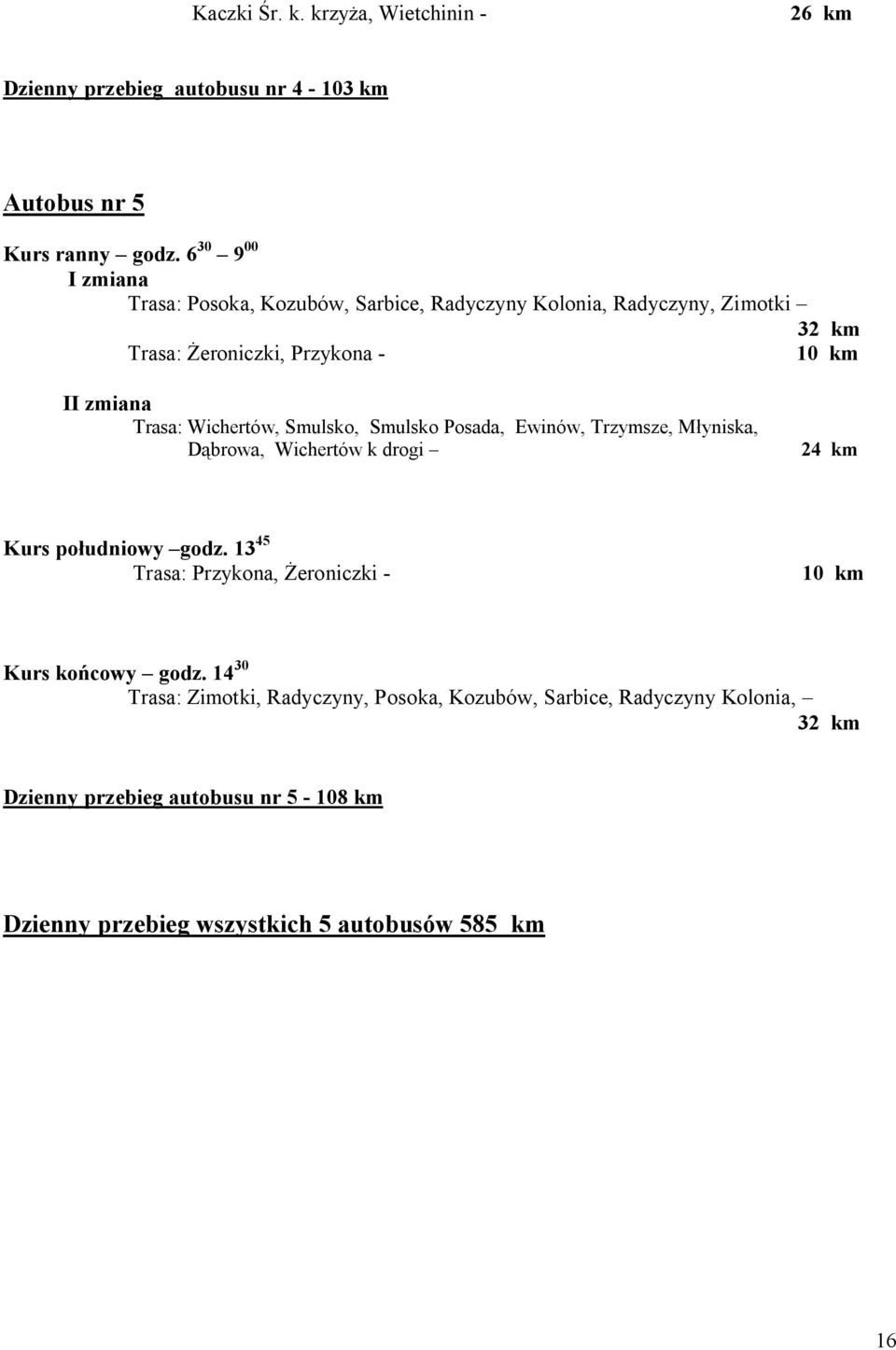 Wichertów, Smulsko, Smulsko Posada, Ewinów, Trzymsze, Młyniska, Dąbrowa, Wichertów k drogi 24 km Kurs południowy godz.