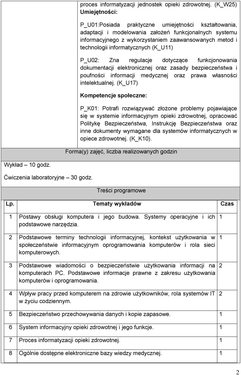 informatycznych (K_U11) P_U0: Zna regulacje dotyczące funkcjonowania dokumentacji elektronicznej oraz zasady bezpieczeństwa i poufności informacji medycznej oraz prawa własności intelektualnej.