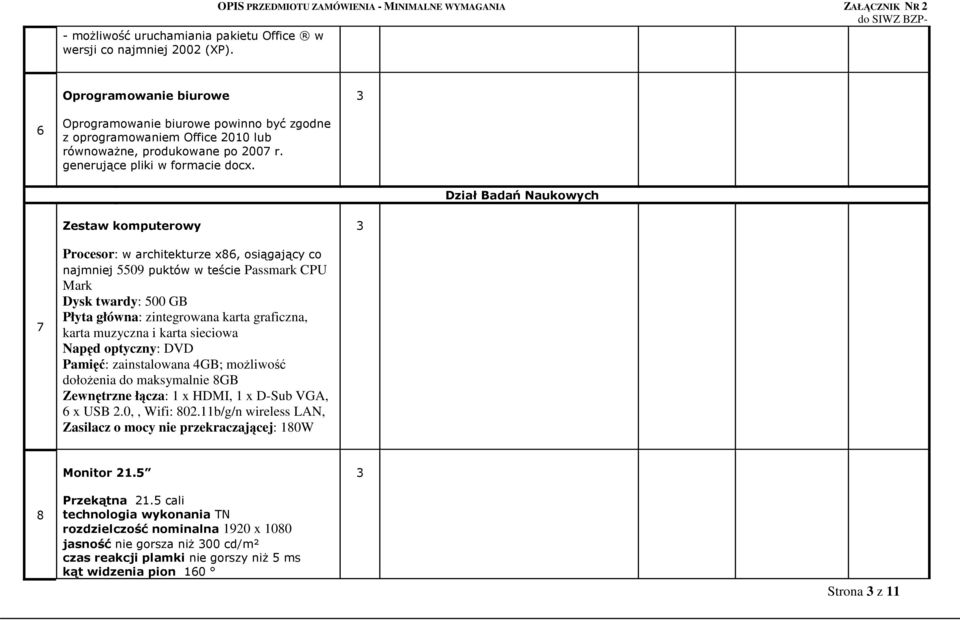 Dział Badań Naukowych Zestaw komputerowy 7 Procesor: w architekturze x86, osiągający co najmniej 5509 puktów w teście Passmark CPU Mark Dysk twardy: 500 GB Płyta główna: zintegrowana karta graficzna,