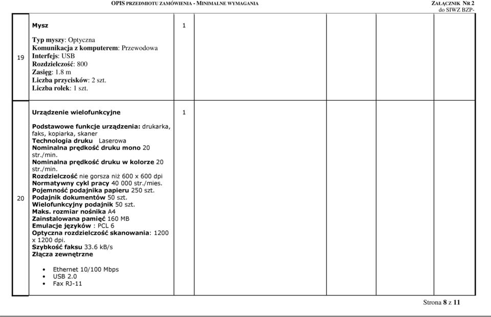 Nominalna prędkość druku w kolorze 20 str./min. Rozdzielczość nie gorsza niŝ 600 x 600 dpi Normatywny cykl pracy 40 000 str./mies. Pojemność podajnika papieru 250 szt.