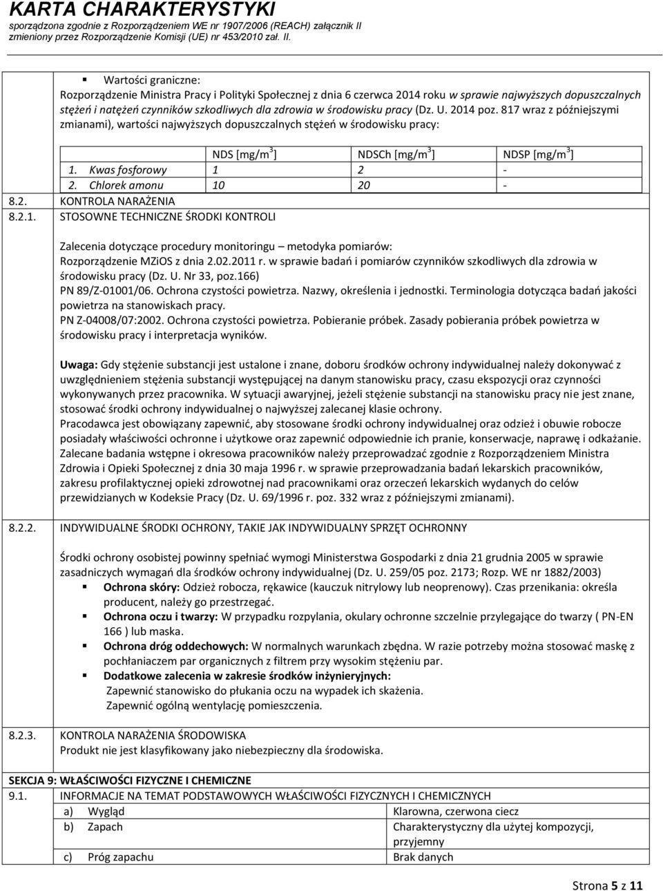 Chlorek amonu 10 20-8.2. KONTROLA NARAŻENIA 8.2.1. STOSOWNE TECHNICZNE ŚRODKI KONTROLI Zalecenia dotyczące procedury monitoringu metodyka pomiarów: Rozporządzenie MZiOS z dnia 2.02.2011 r.